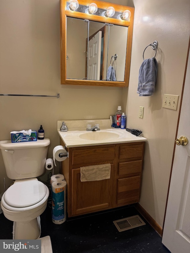 half bathroom with toilet, visible vents, and vanity