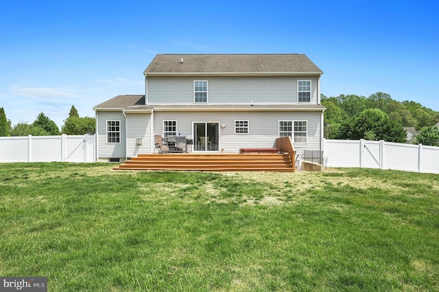 278 Otter Way, Frederica, DE 19946 - back of house with a lawn, a fenced backyard, a wooden deck, and a gate
