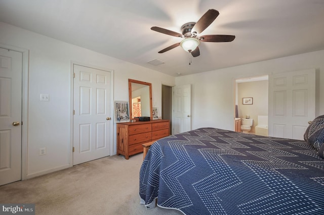 278 Otter Way, Frederica, DE 19946 - bedroom with connected bathroom, light carpet, a ceiling fan, baseboards, and visible vents