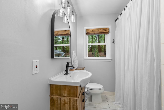 3416 Rustic Way Ln, Falls Church, VA 22044 - bathroom with toilet, tile patterned flooring, vanity, a shower with shower curtain, and baseboards