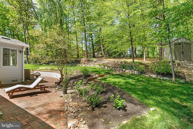 3416 Rustic Way Ln, Falls Church, VA 22044 - view of green lawn featuring a patio, a storage unit, and an outbuilding