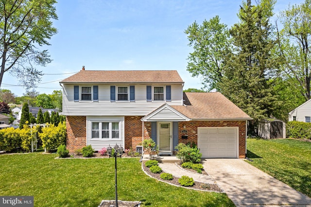 view of front of home featuring concrete driveway, brick siding, a front lawn, and a garage