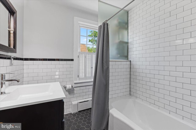 226 Washington Ter, Audubon, NJ 08106 - full bathroom with tile walls, vanity, a baseboard radiator, wainscoting, and tile patterned floors