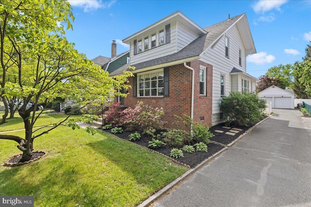 226 Washington Ter, Audubon, NJ 08106 - view of property exterior with brick siding, an outdoor structure, a detached garage, a lawn, and a shingled roof