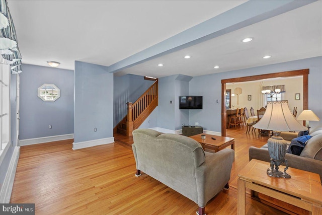 226 Washington Ter, Audubon, NJ 08106 - living area with stairway, light wood-style floors, baseboards, recessed lighting, and a chandelier