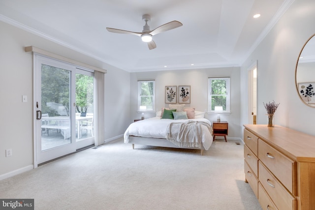 bedroom featuring access to exterior, light carpet, baseboards, recessed lighting, and crown molding