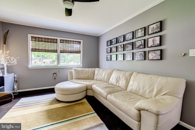 1109 Neal Dr, Alexandria, VA 22308 - living area featuring ornamental molding, dark wood-style flooring, baseboards, and ceiling fan