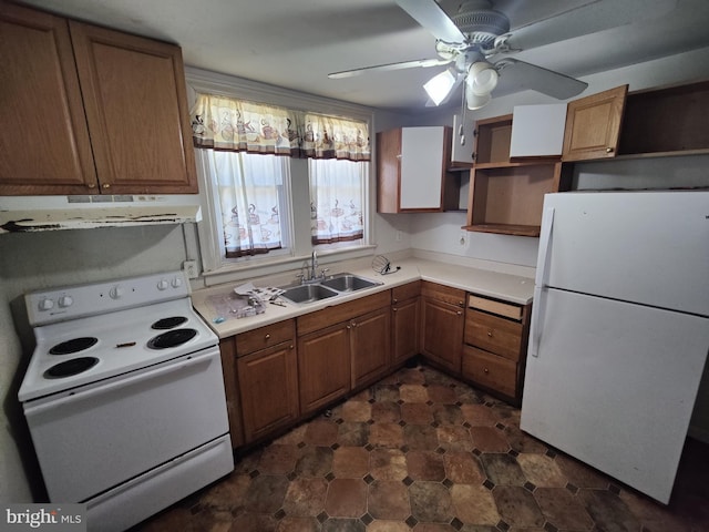 kitchen with ceiling fan, open shelves, a sink, white appliances, and under cabinet range hood