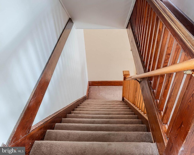staircase featuring carpet and baseboards