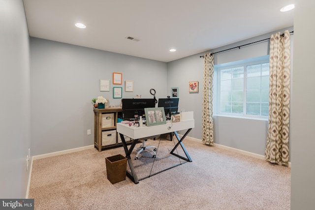 office area featuring carpet floors, recessed lighting, and baseboards