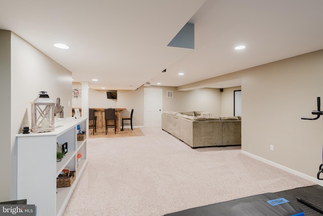 workout area with carpet floors, recessed lighting, baseboards, and bar