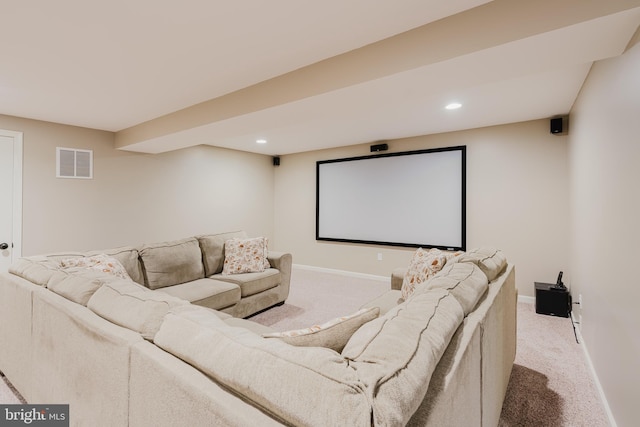 carpeted cinema featuring visible vents, recessed lighting, and baseboards
