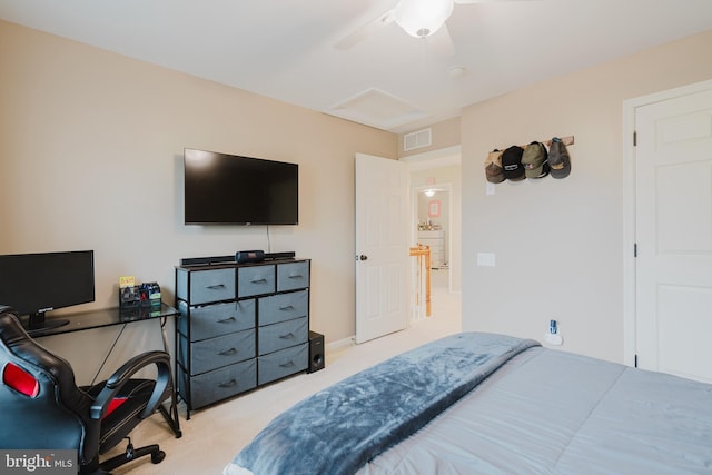 bedroom featuring a ceiling fan, carpet flooring, and visible vents