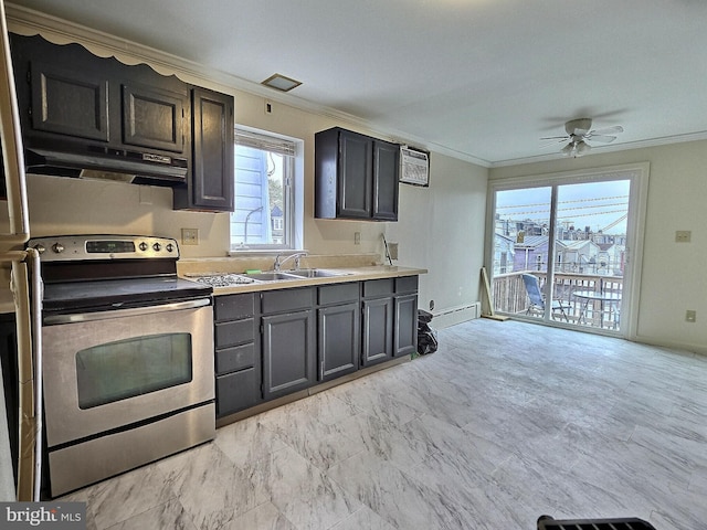 kitchen featuring crown molding, under cabinet range hood, electric range, and a sink