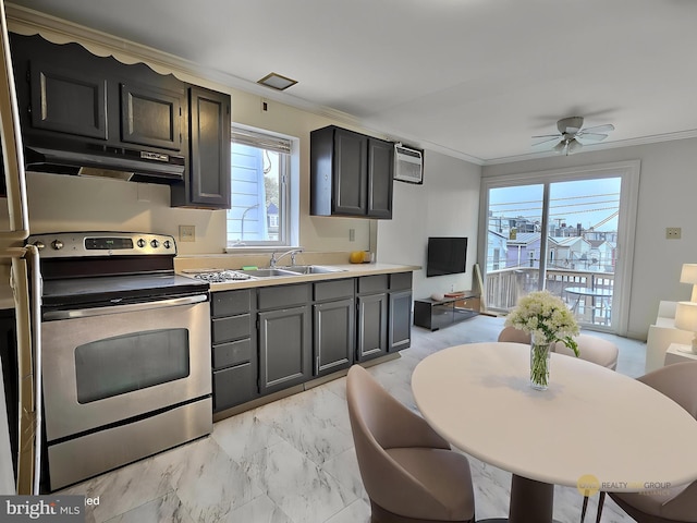 kitchen featuring crown molding, stainless steel range with electric stovetop, a wall unit AC, under cabinet range hood, and a sink