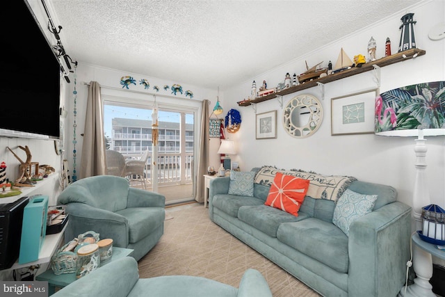 living room with a textured ceiling