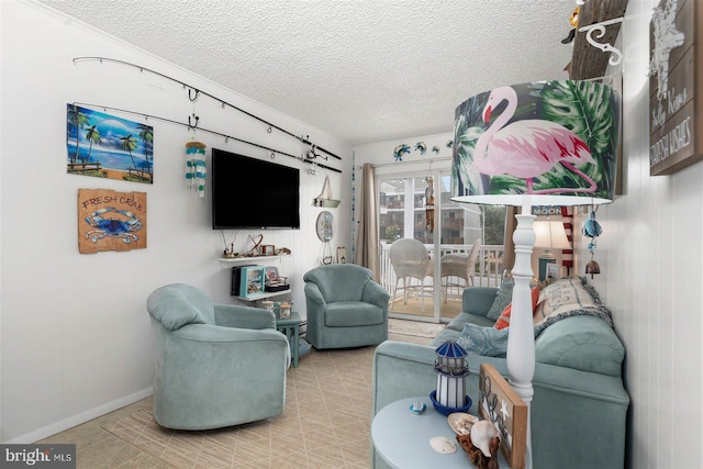 living area featuring baseboards and a textured ceiling