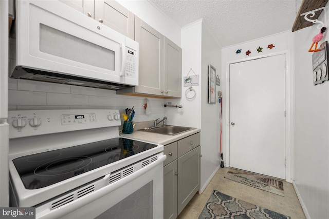kitchen with baseboards, a sink, white appliances, and light countertops