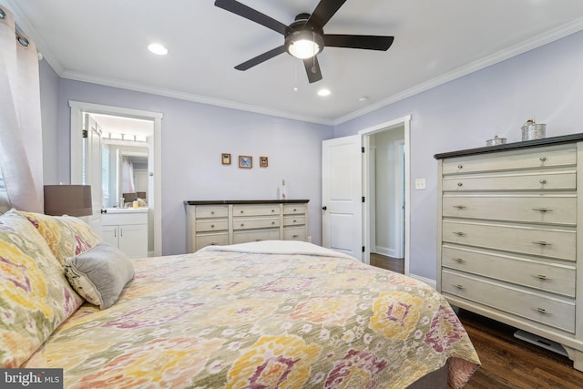 bedroom featuring ornamental molding, dark wood-type flooring, and recessed lighting