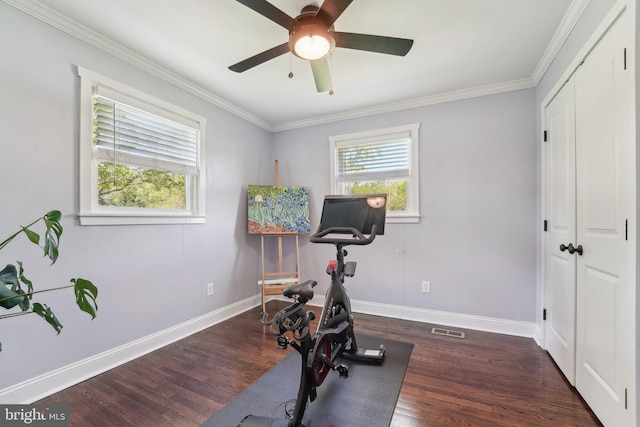 workout area featuring ceiling fan, crown molding, visible vents, and wood finished floors