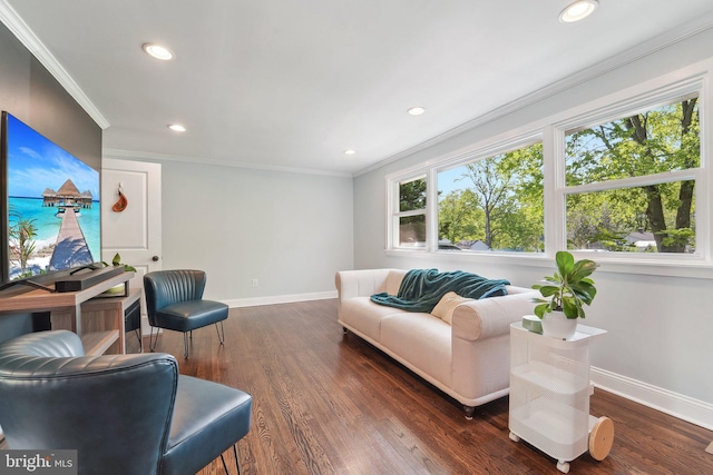 living room with dark wood-style flooring, baseboards, ornamental molding, and recessed lighting