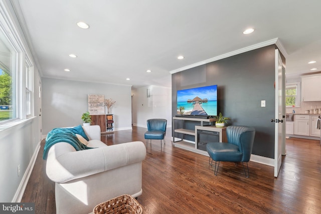 living room with ornamental molding, wood finished floors, baseboards, and recessed lighting
