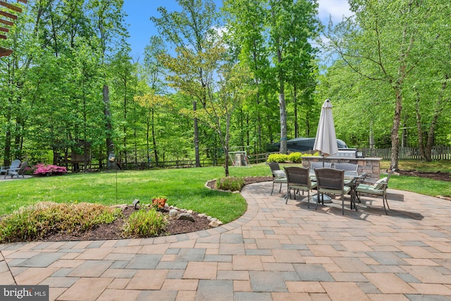 view of patio / terrace featuring a fenced backyard and outdoor dining space