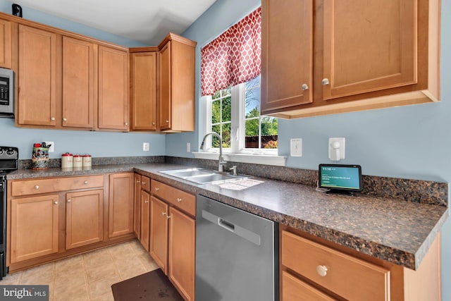 kitchen featuring a sink, dark countertops, and stainless steel appliances