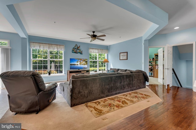 living room featuring a ceiling fan and wood finished floors