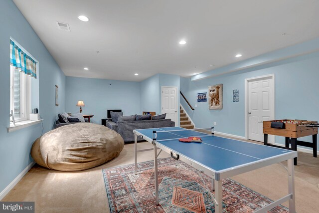 playroom featuring baseboards, visible vents, recessed lighting, and light colored carpet