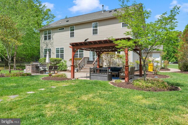 back of house featuring an outdoor living space, a patio area, a yard, and a pergola