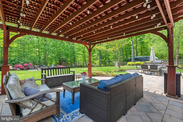 view of patio with outdoor dining area, a fenced backyard, and outdoor lounge area