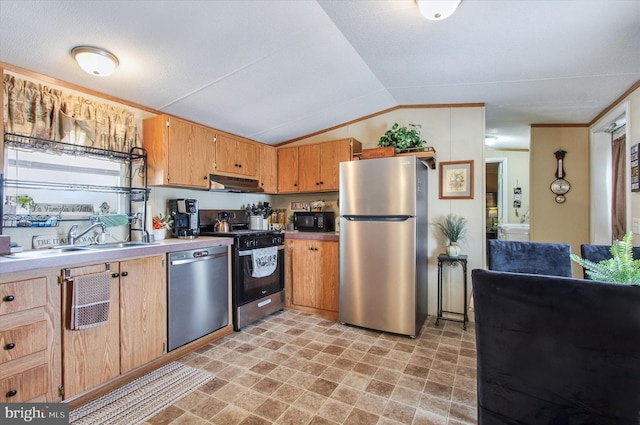 kitchen with a sink, stone finish floor, stainless steel appliances, under cabinet range hood, and vaulted ceiling