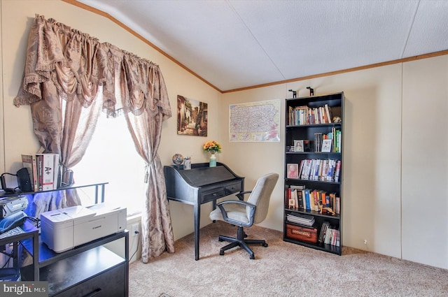 carpeted office space featuring ornamental molding and lofted ceiling
