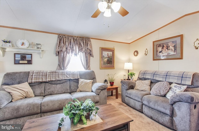 living room with ceiling fan, ornamental molding, lofted ceiling, and light colored carpet