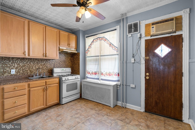 kitchen with under cabinet range hood, white range with gas cooktop, a sink, and a wealth of natural light