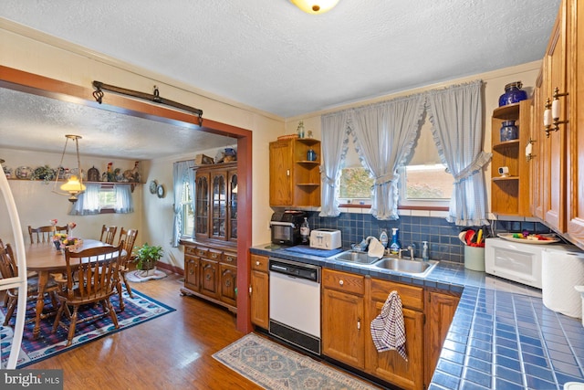 621 Gay St, Hanover, PA 17331 - kitchen featuring white appliances, open shelves, a sink, tile countertops, and a textured ceiling