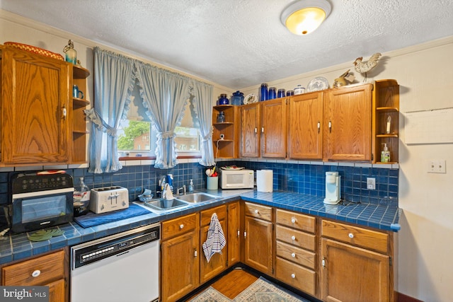 621 Gay St, Hanover, PA 17331 - kitchen featuring open shelves, white appliances, a sink, a textured ceiling, and tile countertops