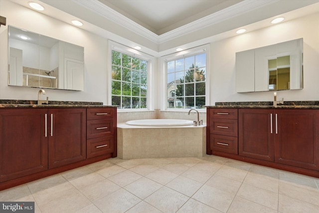 137 Mahogany Way, Upper Gwynedd, PA 19446 - full bath featuring crown molding, two vanities, a garden tub, tile patterned floors, and recessed lighting