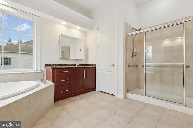 137 Mahogany Way, Upper Gwynedd, PA 19446 - bathroom with vanity, a garden tub, a stall shower, and tile patterned floors