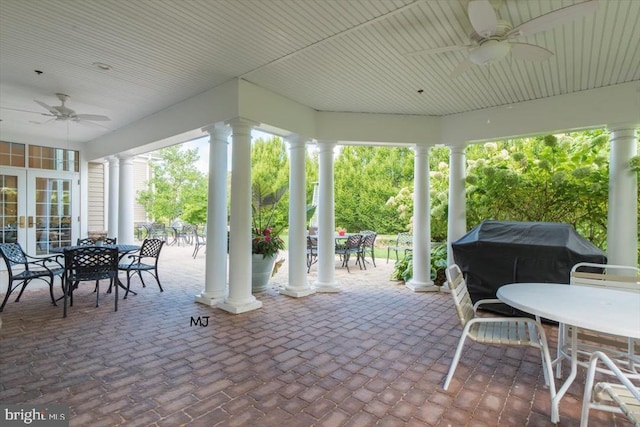 137 Mahogany Way, Upper Gwynedd, PA 19446 - view of patio featuring outdoor dining space, a ceiling fan, french doors, and area for grilling