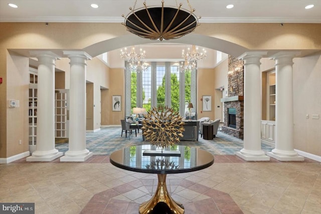 137 Mahogany Way, Upper Gwynedd, PA 19446 - tiled foyer featuring baseboards, crown molding, a stone fireplace, and recessed lighting