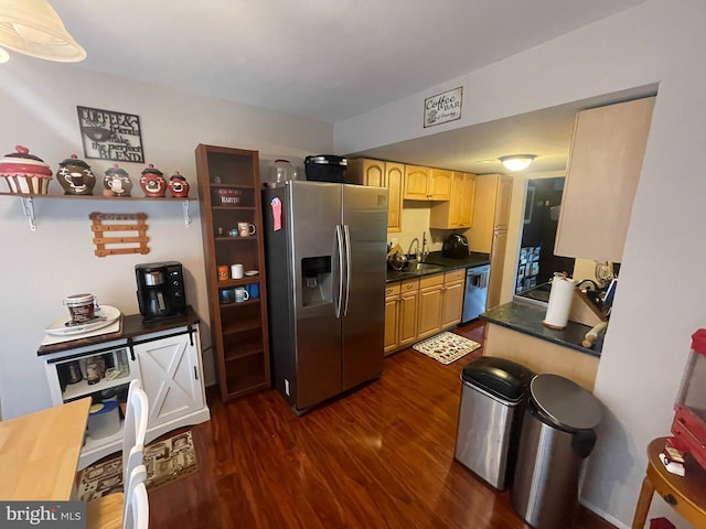 7918 Bentley Village Dr Unit 14A, Springfield, VA 22152 - kitchen with light brown cabinetry, a sink, dark countertops, appliances with stainless steel finishes, and dark wood-style floors