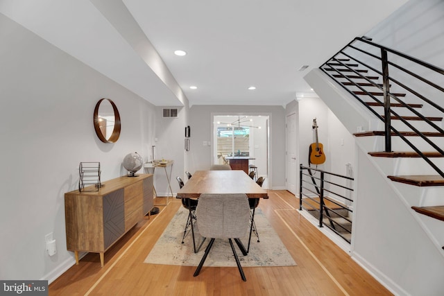 2019 Pemberton St, Philadelphia, PA 19146 - dining area with light wood-type flooring, baseboards, recessed lighting, crown molding, and stairs