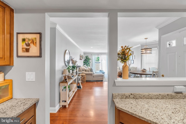 corridor featuring ornamental molding and wood finished floors