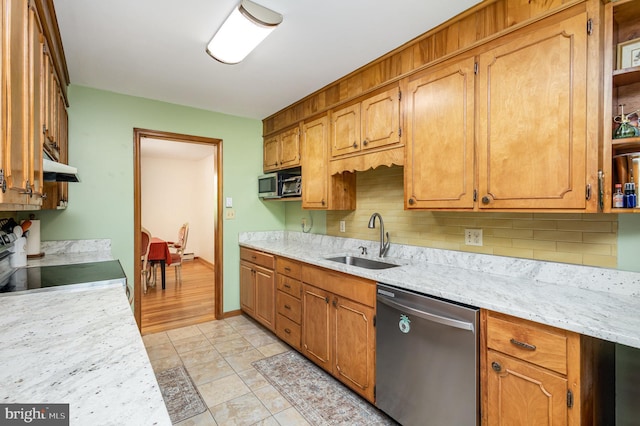 kitchen featuring open shelves, appliances with stainless steel finishes, a sink, tasteful backsplash, and under cabinet range hood