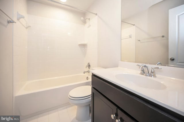 bathroom with toilet, shower / bathing tub combination, tile patterned flooring, and vanity