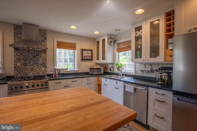 kitchen featuring wall chimney range hood, stainless steel appliances, a sink, and a healthy amount of sunlight