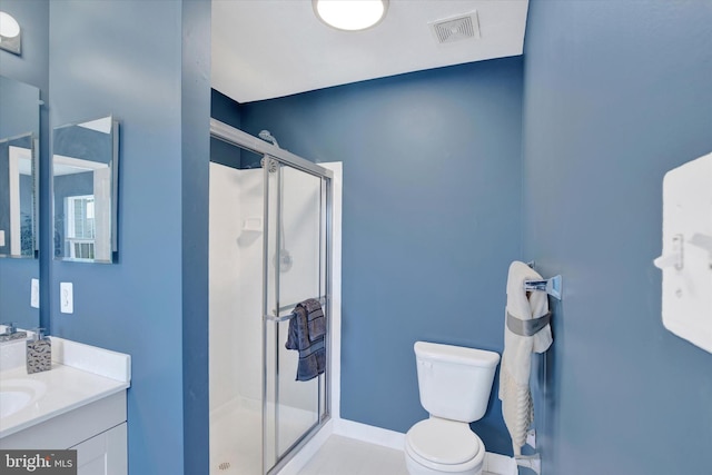 full bath featuring visible vents, vanity, toilet, baseboards, and a shower stall