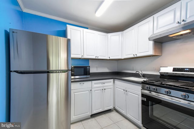 4555 Macarthur Blvd NW Unit 202, Washington, DC 20007 - kitchen featuring stainless steel appliances, dark countertops, white cabinetry, under cabinet range hood, and light tile patterned floors